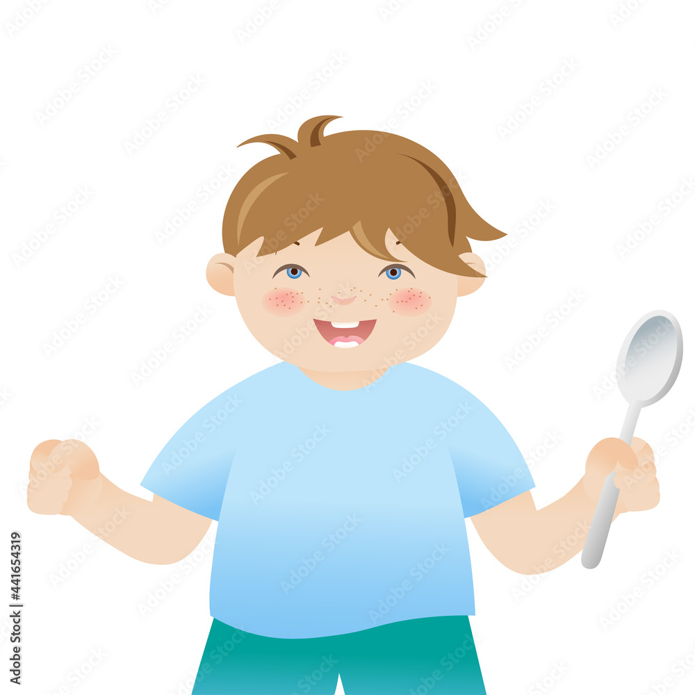 Happy child with spoon. Boy smiling and happy