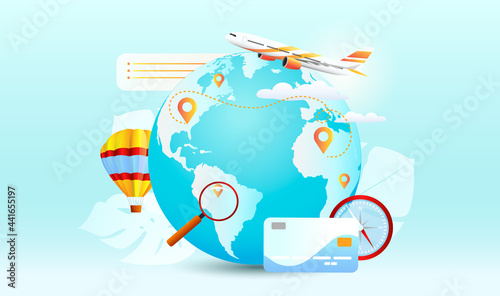 World travel concept. Globe map with an image of airplane, hot air balloon, credit card, compass and tourist vacation spots. Search tours for travel, tourism, leisure and vacation. Vector illustration