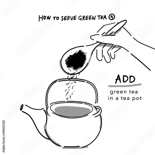 Hand drawn illustration of infographics of how to serve green tea step 3 in simple drawing 