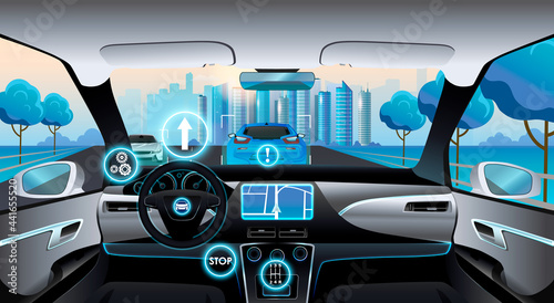 Smart car interior. Autonomous autopilot smart driverless electric car self-driving on road to city. Viewed from the car interior dashboard display. Vector illustration photo