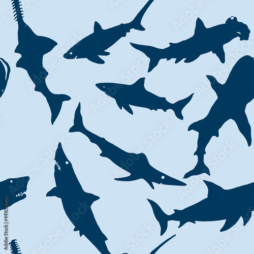 seamless pattern of hand drawn shark illustrations in silhouette style