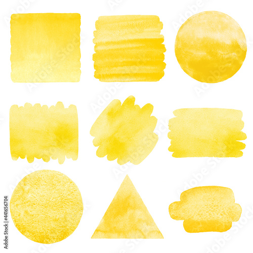 Big set, collection of various watercolor yellow backgrounds, textures, banners. Round circle, gradient square, triangle, brush stroke with stains shapes. Creative text frames, graphic design elements