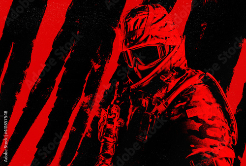 Fotografía Red and black grunge stiped photo of soldier in ammunition armored clothing with rifle on red background
