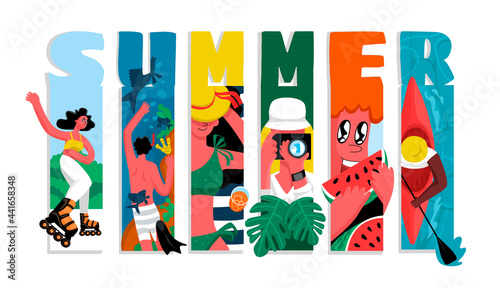 Vector Concept of Summer with Set of elements. Woman on Roller skates, takes pictures, Jungle, Sunbathes on Beach, Swims in Boat, man is engaged in Snorkeling, child eats Watermelon. Text.
