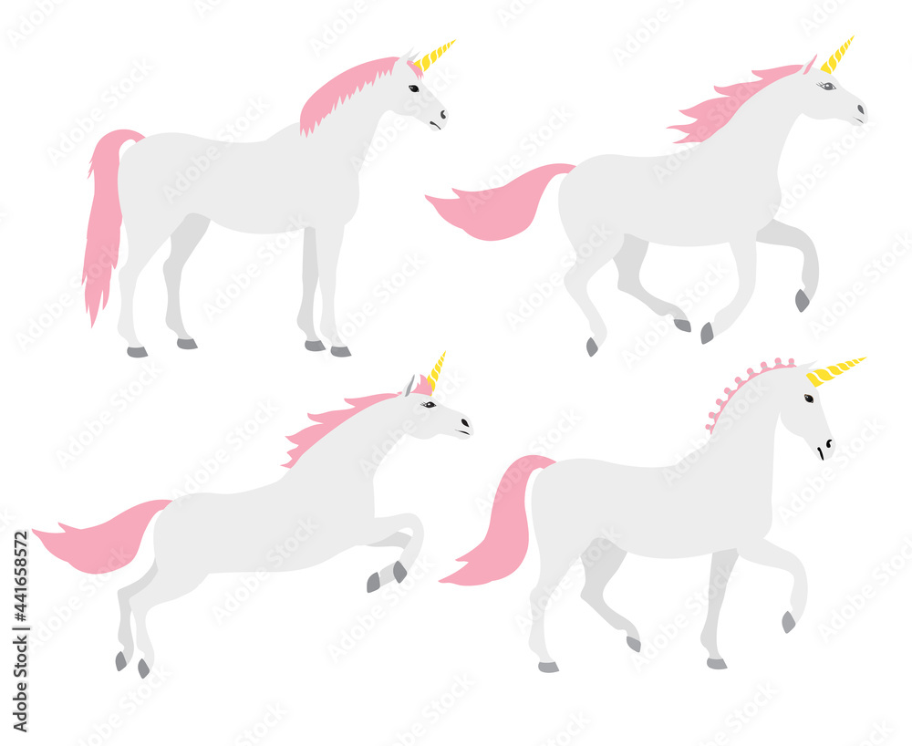 Vector set of flat cartoon hand drawn unicorn isolated on white background