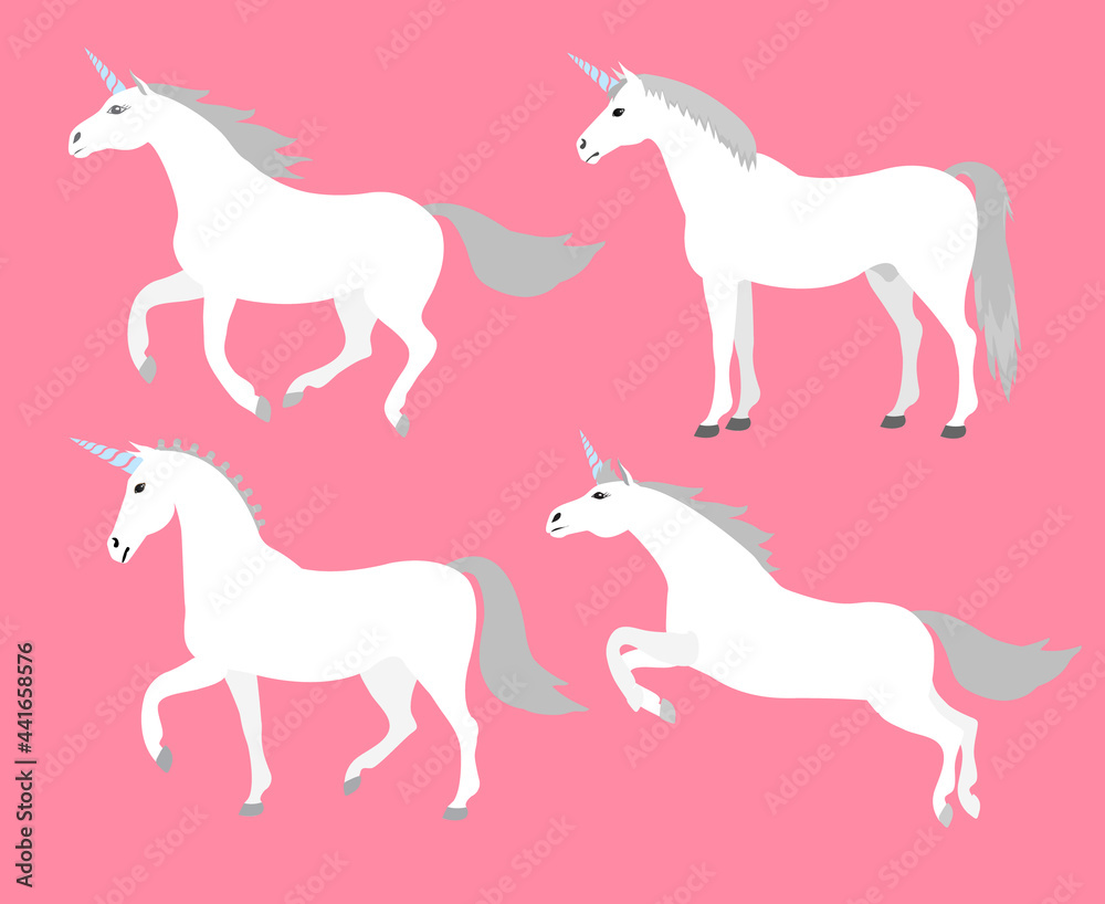 Vector set of flat cartoon hand drawn unicorn isolated on pink background