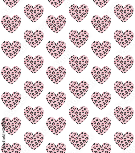 Vector seamless pattern of hand drawn flat heart with pink leopard cheetah fur print isolated on white background © Sweta