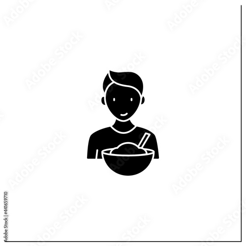 Mindful eating glyph icon. Conscious  intuitive nutrition. Small portions. Enjoy your meal. Mealtimes concept. Filled flat sign. Isolated silhouette vector illustration