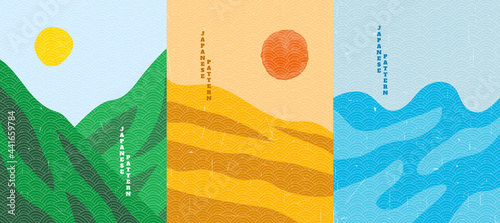 Vector illustration. Wood surface texture. Mountain peak, desert hills, sea waves. Line pattern. Background asian style. Design for poster, cover, web template, brochure, postcard, flyer, wall decor