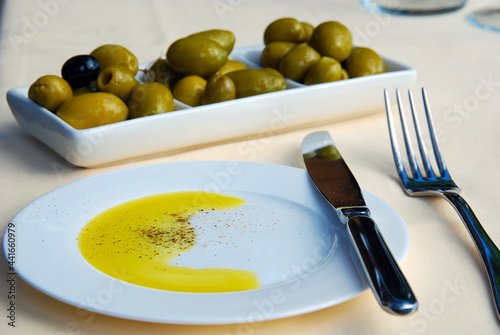 Healthy food made of olives and extra virgin olive oil