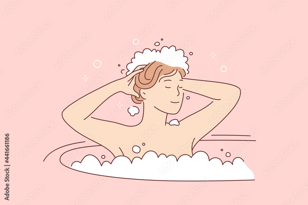 Hair care and hygiene concept. Young smiling woman cartoon character washing hair in bathroom with shampoo and bubble foam vector illustration Hair care and hygiene concept. Young smiling woman cartoon character washing hair in bathroom with shampoo and bubble foam vector illustration