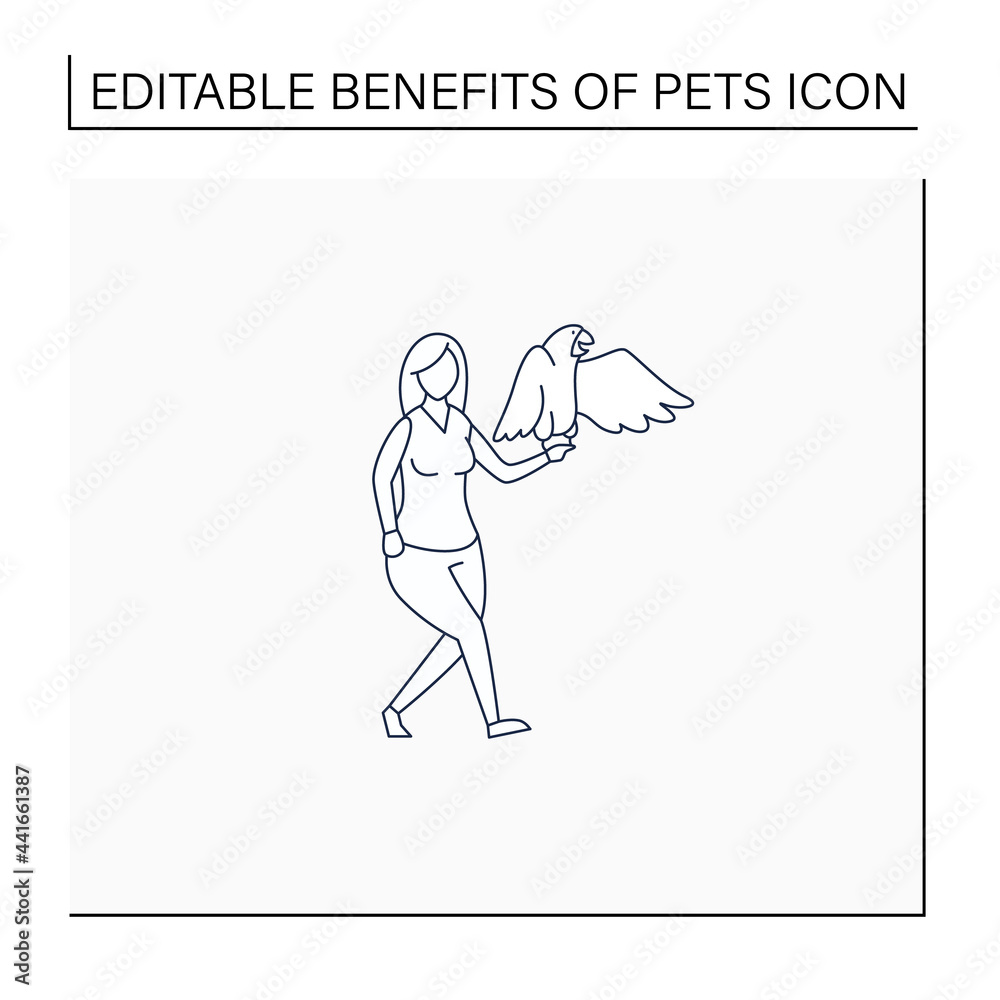 Pets benefits line icon.Woman have parrot. Communication. Reduce stress level. Companionship. Animal caring concept. Isolated vector illustration.Editable stroke