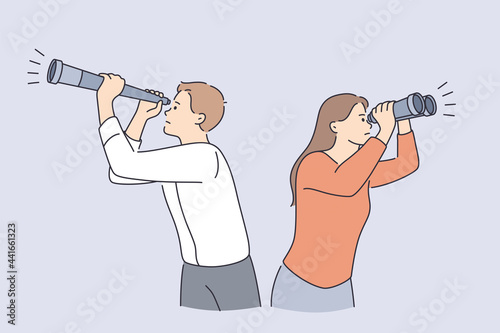 Business research and development concept. Young man and woman colleagues standing looking through telescope and binoculars vector illustration 