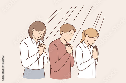 Fototapeta Naklejka Na Ścianę i Meble -  Business hope and pray concept. Group of positive calm business people cartoon characters standing with crossed hands and playing hoping for development vector illustration 
