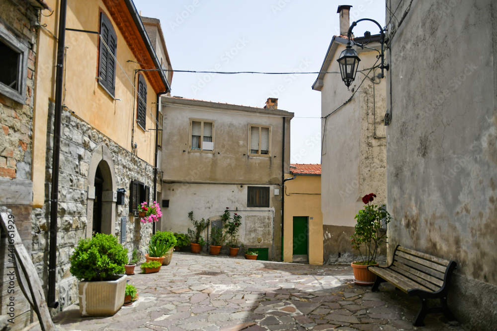 Fototapeta premium A small street between the old houses of Belmonte del Sannio, a medieval village in the Molise region.