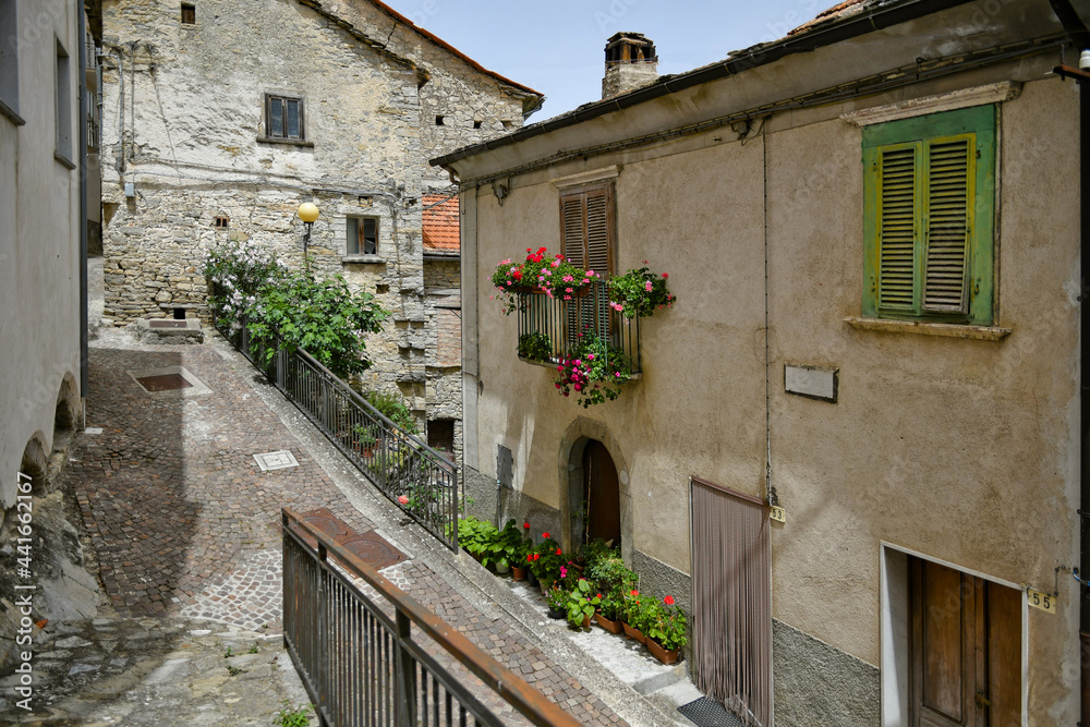 A small street between the old houses of Poggio del Sannio, a medieval village in the Molise region.