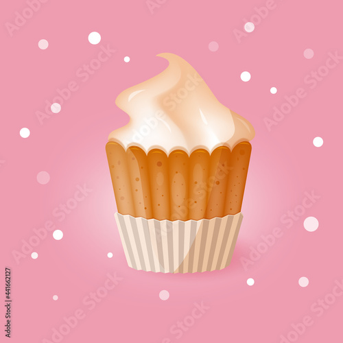 Creamy brulee cupcake poster on pink background with copy space