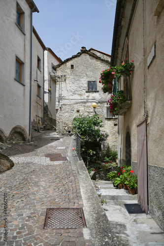 A small street between the old houses of Poggio del Sannio, a medieval village in the Molise region.