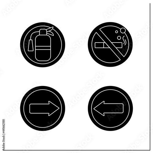 Public place signs glyph icons set.Arrow point in left, right. No smoking, fire extinguisher.Universal public building signs concept. Filled flat signs. Isolated silhouette vector illustrations