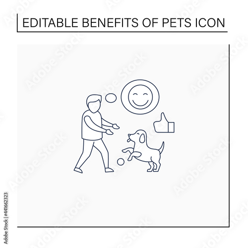 Pets benefits line icon. Dog play with boy. Positive emotions. Learn responsibility  compassion  empathy. Animal caring concept. Isolated vector illustration.Editable stroke