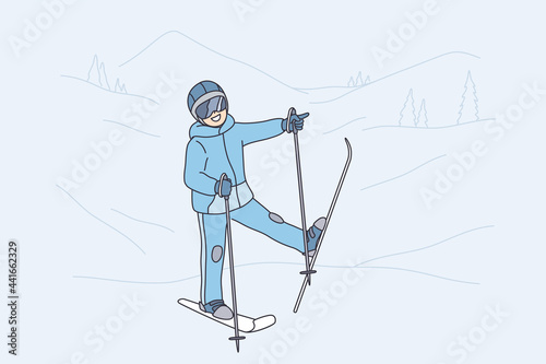 Winter activities and leisure concept. Smiling child kid cartoon character in sports costume standing and ready for sliding down hill slope vector illustration 