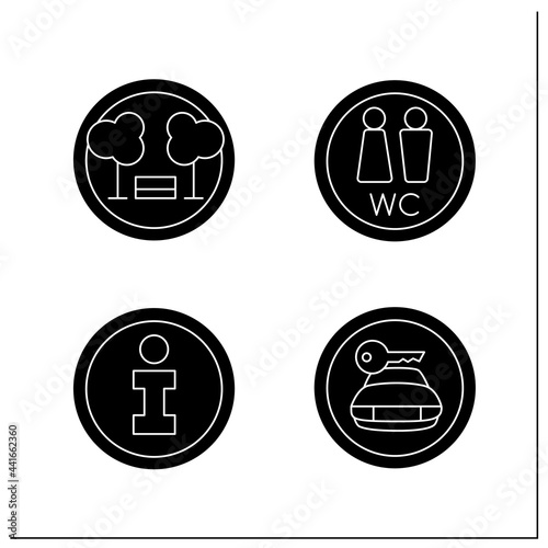 Public place signs glyph icons set.WC, information symbols. Park,car rental.Outdoor and indoor use. Universal public building signs concept. Filled flat signs. Isolated silhouette vector illustrations