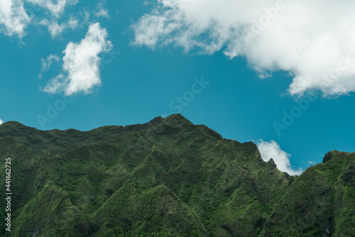 Koolau Range, Hoomaluhia Botanical Garden, Honolulu, Oahu, Hawaii. Koʻolau Range is a name given to the dormant fragmented remnant of the eastern or windward shield volcano of Oahu