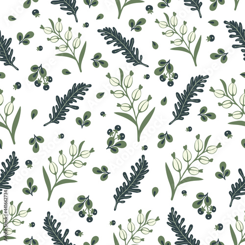 seamless pattern with forest herbs  berries  leaves  floral background with botanical elements  stylized vector graphics