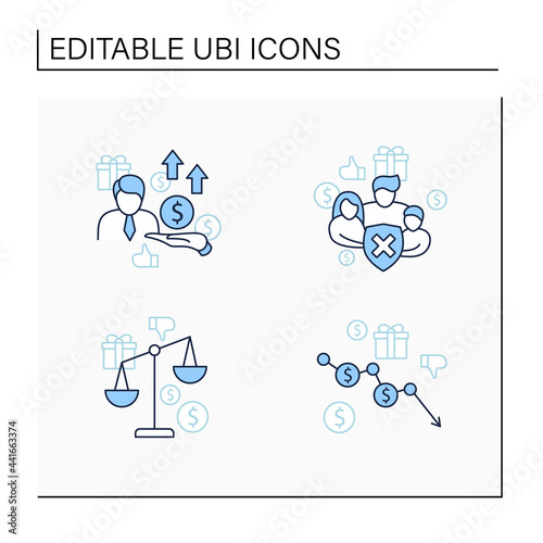Universal basic income line icons set. Inequality, runaway inflation, social security, new investors. Global economy concept. Isolated vector illustrations.Editable stroke