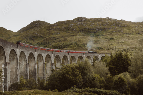 Train riding on arch bridge in nature photo