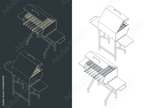 Barbecue and barbecue isometric blueprints