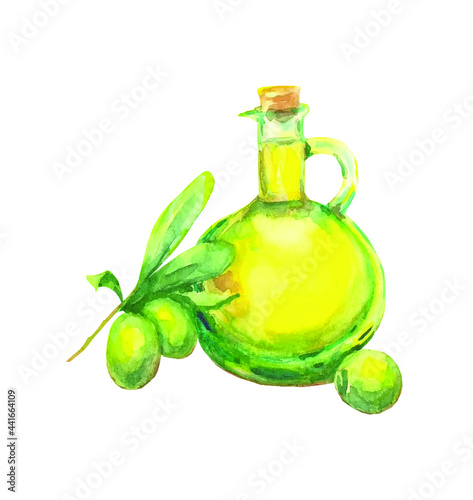 Bottle of fresh extra virgin olive oil and green olives with leaves isolated on white background on white hand drawn illustration
