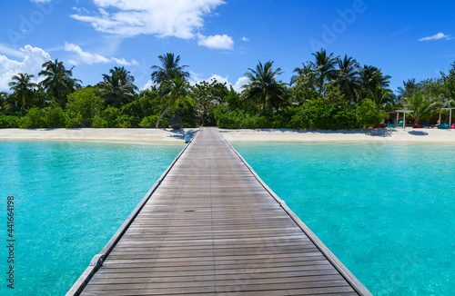 Wooden walkway across beach, South Ari Atoll, Maldives © Elise
