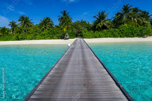 Wooden walkway across beach, South Ari Atoll, Maldives