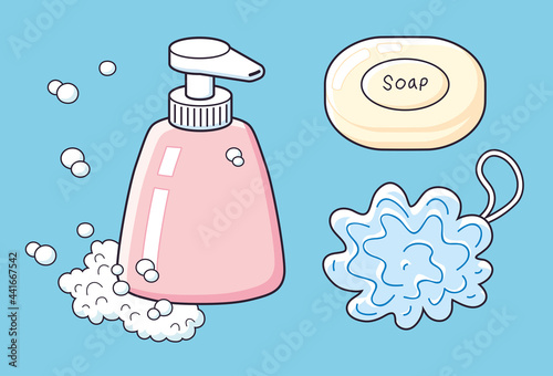 Pink shampoo or liquid soap bottle with foam, soap bar and soft bath puff.