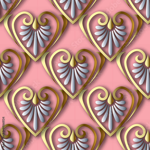 Beautiful gold 3d love hearts seamless pattern. Vector ornamental pink background. Luxury repeat Deco backdrop. Surface greek style floral ornaments. Elegance design for wedding cards, wallpapers