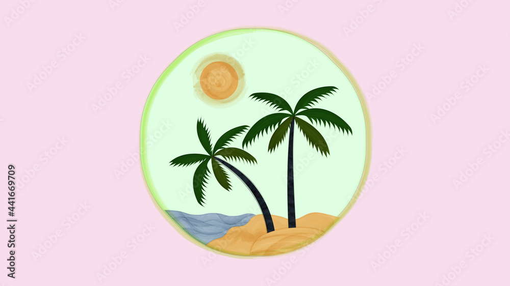 Icon illustration of a palm tree on a sandy shore. Vector watercolor illustration of two palms on the sandy shore. Two palms in the middle of a circle. I