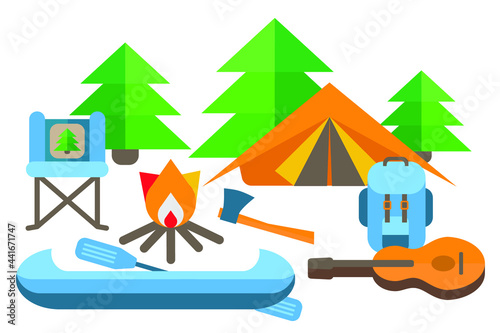 A set of items for tourism and hiking. Includes flat guitar, spruce, tent. Landscape with flat guitar, spruce, tent, bonfire, backpack, chair,canoe, paddle, axe. The place where tourists stop.