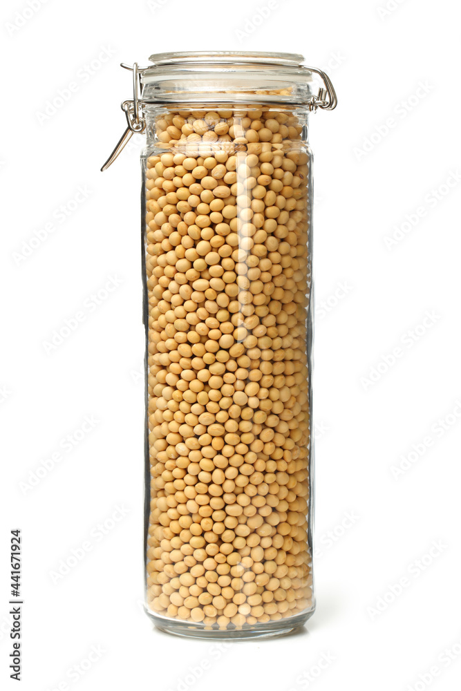 glass jar with soy beans isolated