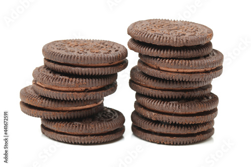 Chocolate cookies with cream filling isolated on white background 