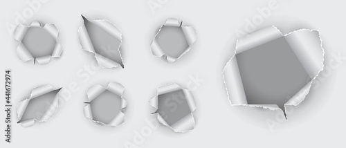 set of realistic hole torn in the paper isolated or various holes torn in ripped white paper or hole torn on transparent background concept. eps vector