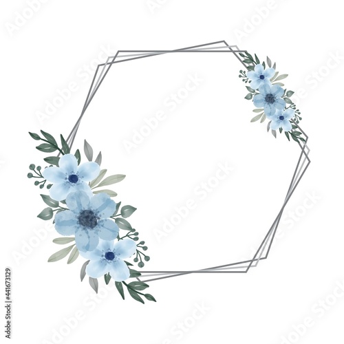 grey hexagon frame with blue watercolor bouquet for wedding card