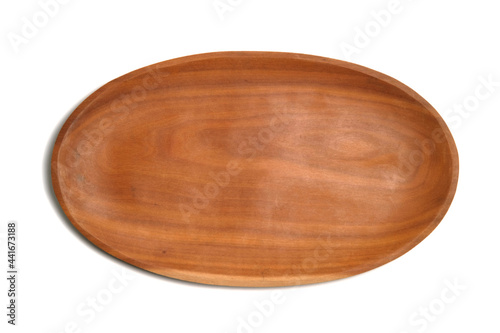 Top view oval wood wooden bowl plate isolated on white background.