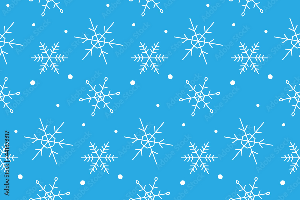 Seamless pattern of white snowflakes on a blue background. Christmas flat vector seamless pattern for christmas textiles, posters, banners, wrappers, wallpapers. Winter Christmas background. Seamless pattern of white snowflakes on a blue background. Christmas flat vector seamless pattern for christmas textiles, posters, banners, wrappers, wallpapers. Winter Christmas background.