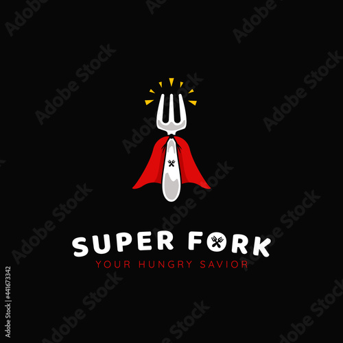 Foodie superhero super fork logo, food and beverage restaurant catering with fork and super cape icon logo