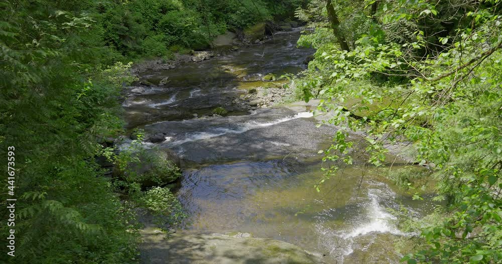 Establishing shot of Majestic mountain creek with rocky background in Vancouver, Canada, North America. Day time on June 2021. Still camera view. ProRes 422 HQ. Establishing shot of Majestic mountain creek with rocky background in Vancouver, Canada, North America. Day time on June 2021. Still camera view. ProRes 422 HQ.
