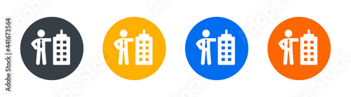 Corporation, company, firm icon. Business man standing with building symbol.