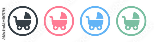 Pram, stroller, baby carriage, cradle, pushchair or buggy icons set. Vector illustration