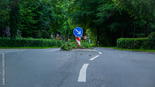 Asphalt road surrounded by dense vegetation with traffic signs photo