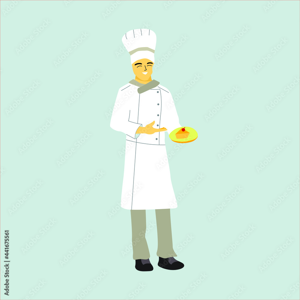 A Professional Chef demonstrates his yummy cherry cake.Flat vector design character illustration with white background. A Professional Chef demonstrates his yummy cherry cake.Flat vector design character illustration with white background.